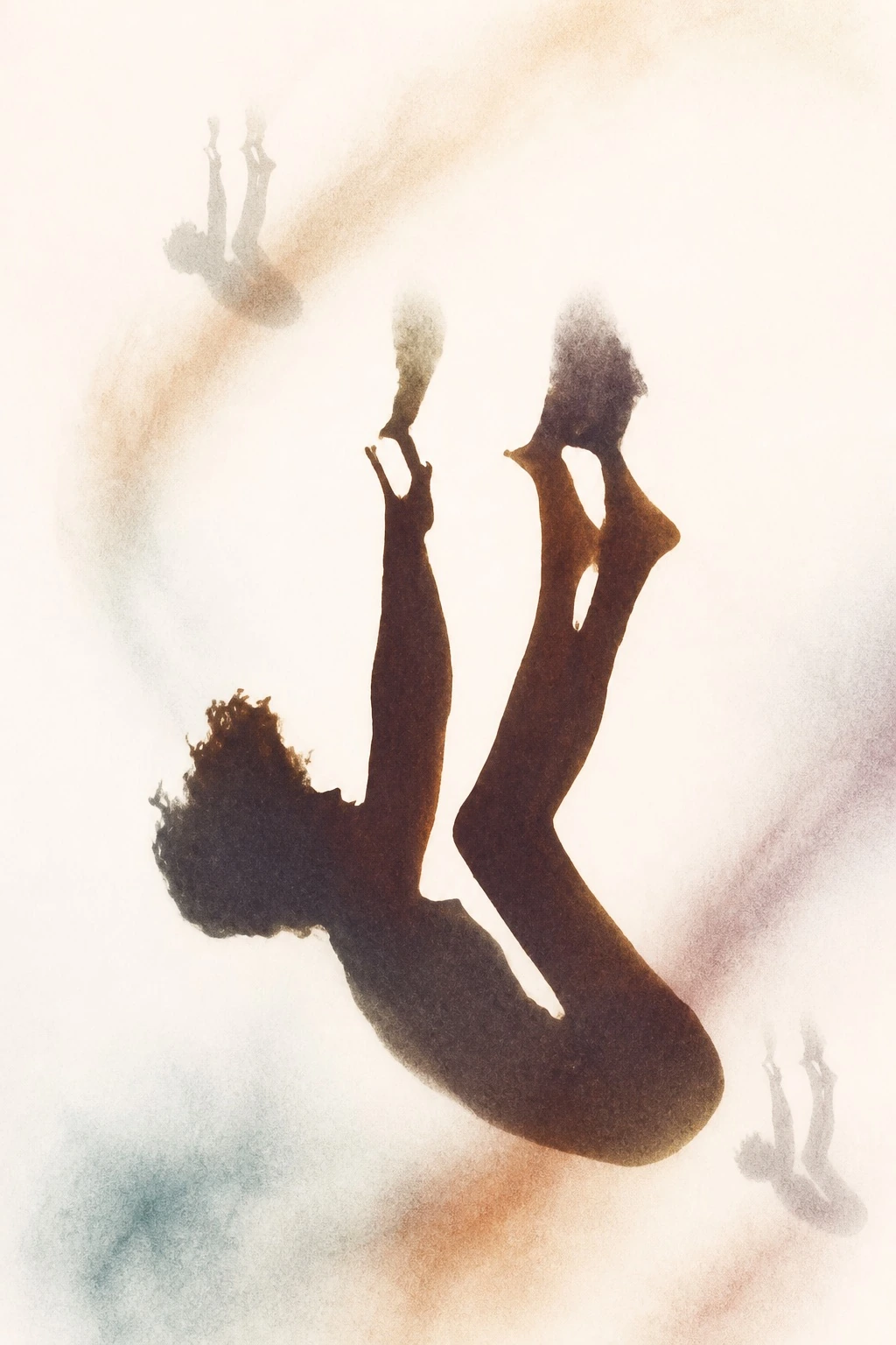 A suspended human silhouette accompanied by smaller impressions following alternate trajectories.